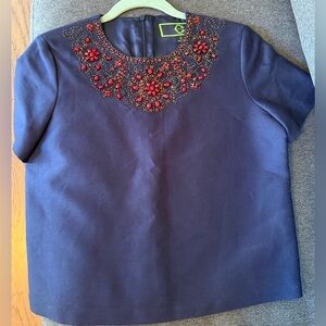 C Wonder Embellished Navy Top Size 4 NWT – Red Gem Statement Neckline